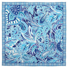 Aqui Satin Real Silk Scarf - Abstract Kaleidoscope Paisley Floral Print - Blue - Boho - Bohemian - Psychedelic Retro - Handmade