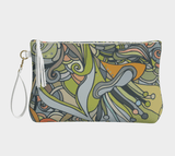 Jana Vegan Leather Wristlet Clutch Pouch - Paisley Retro Print - Green Orange Yellow - Bag Mandala Tassel Zip Makeup Bag