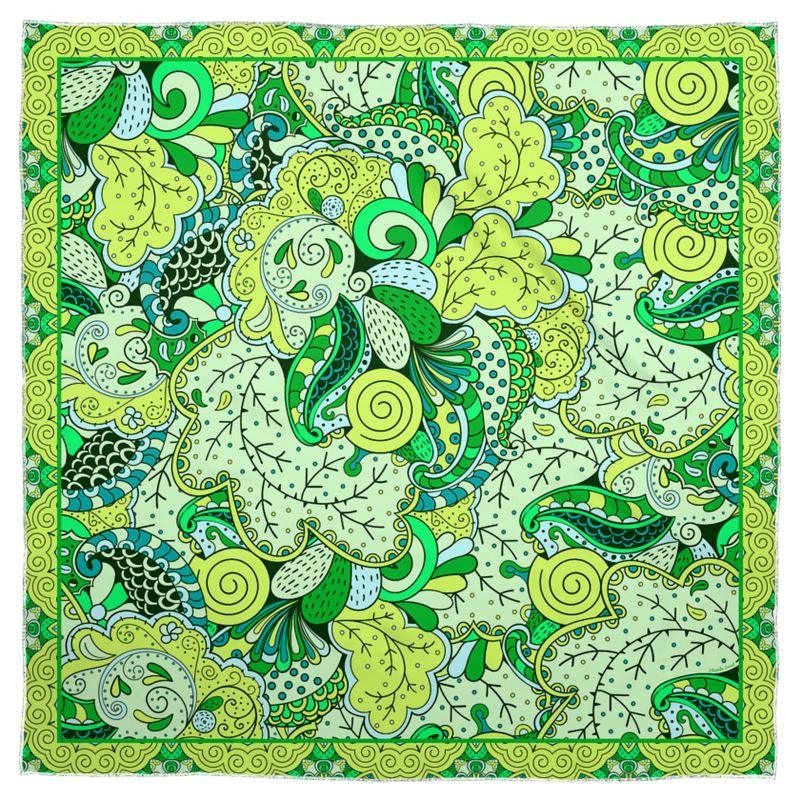 Misa Real Silk Scarf - Abstract Kaleidoscope Paisley Floral Print - Green - Boho - Bohemian - Psychedelic Retro - Handmade - Mandala Mehndi