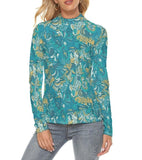 Masu Long Sleeve Turtleneck Top - Abstract All Over Floral Print Green Blue