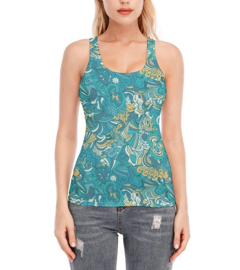 Masu Racerback Tank Top - Abstract Floral Print in Blue & Green - Cotton - Psychedelic Kaleidoscope
