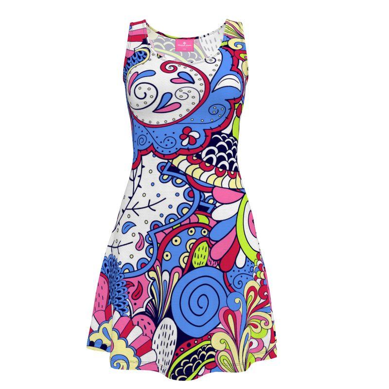 Sechia Mini Skater Dress - Psychedelic Paisley Multicolor Print Retro Mod Colorful Bold Vibrant Floral Swirls Scales Blue Pink Red