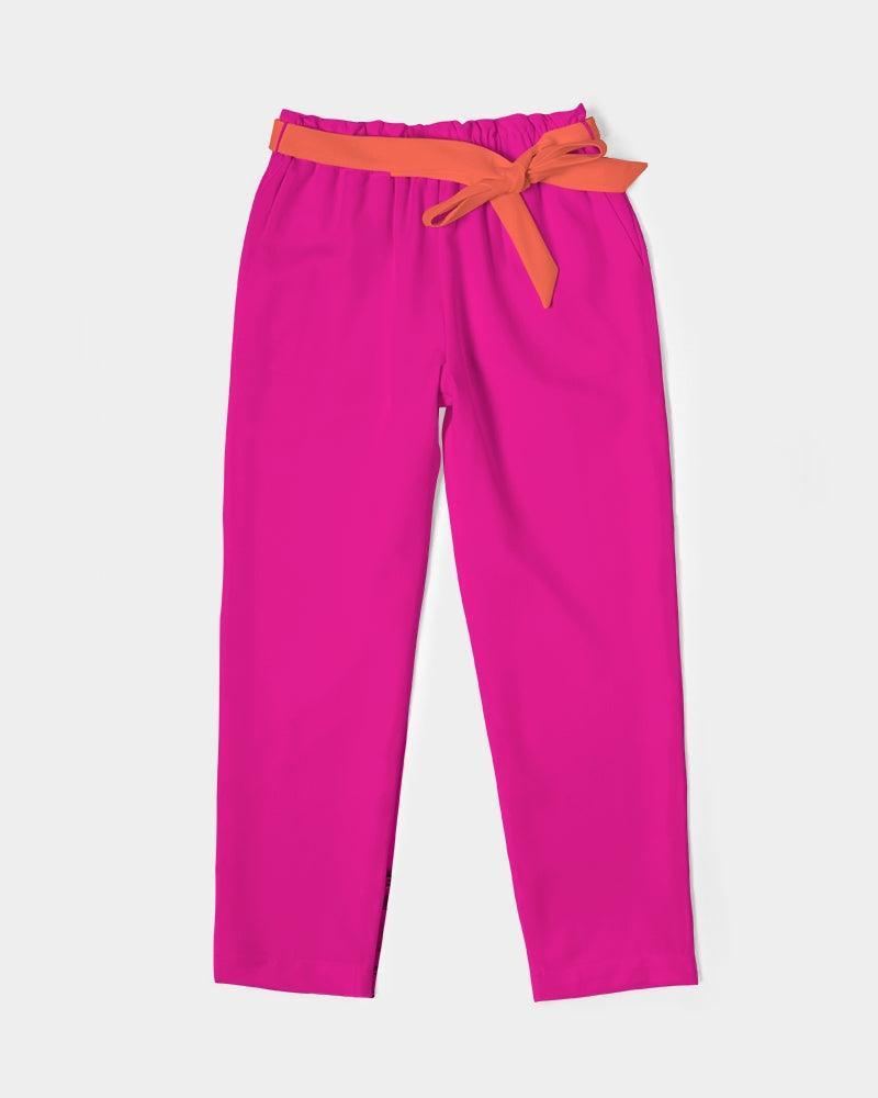 Mina Dark Rose Red Women's Belted Tapered Chiffon Pants with Orange Belt