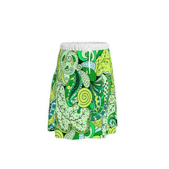 Misa Midi Flare Elastic Waist Skirt - Green Abstract Paisley Floral Print Retro Psychedelic All Over Print Kaleidoscopic Wavy Swirls Airy Muslin Crepe 