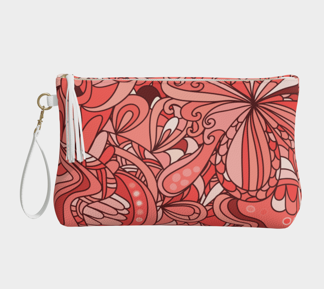 Citra Vegan Leather Wristlet Clutch Pouch - Paisley Floral Print Faux Textured Retro Vibrant Red Pink Orange