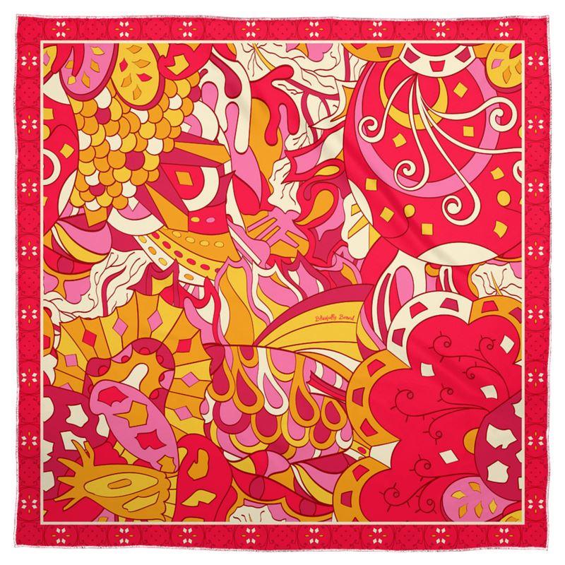 Decora Satin Real Silk Scarf - Abstract Kaleidoscope Paisley Floral Print - Red Pink - Boho - Bohemian - Psychedelic Funky Retro - Handmade 