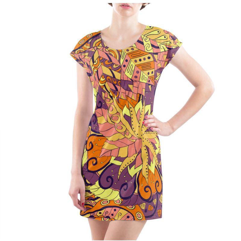 Aki Abstract Swirl Mandala Retro Psychedelic T-Shirt Print Dress Mini Tunic Tee Plus Size - Handmade in England