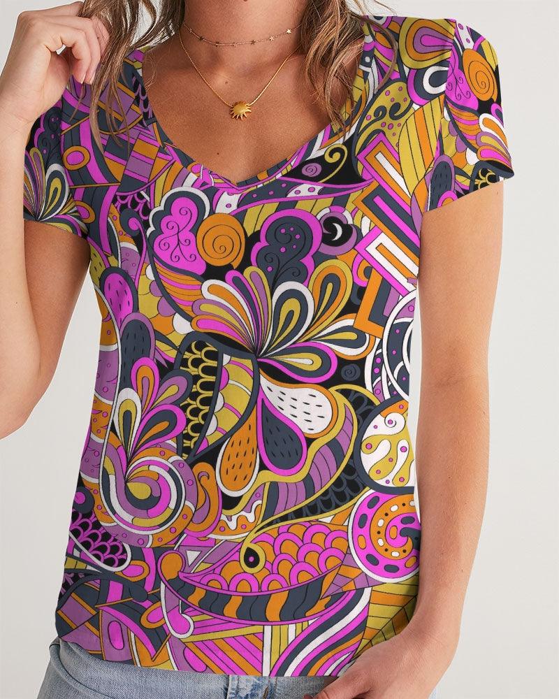 Ela Fitted V-Neck Women's Tee Top - Psychedelic Abstract Floral