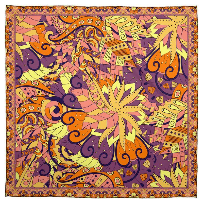 Aki Satin Real Silk Scarf - Abstract Kaleidoscope Paisley Floral Print - Orange Yellow - Boho - Bohemian - Psychedelic Retro - Handmade 
