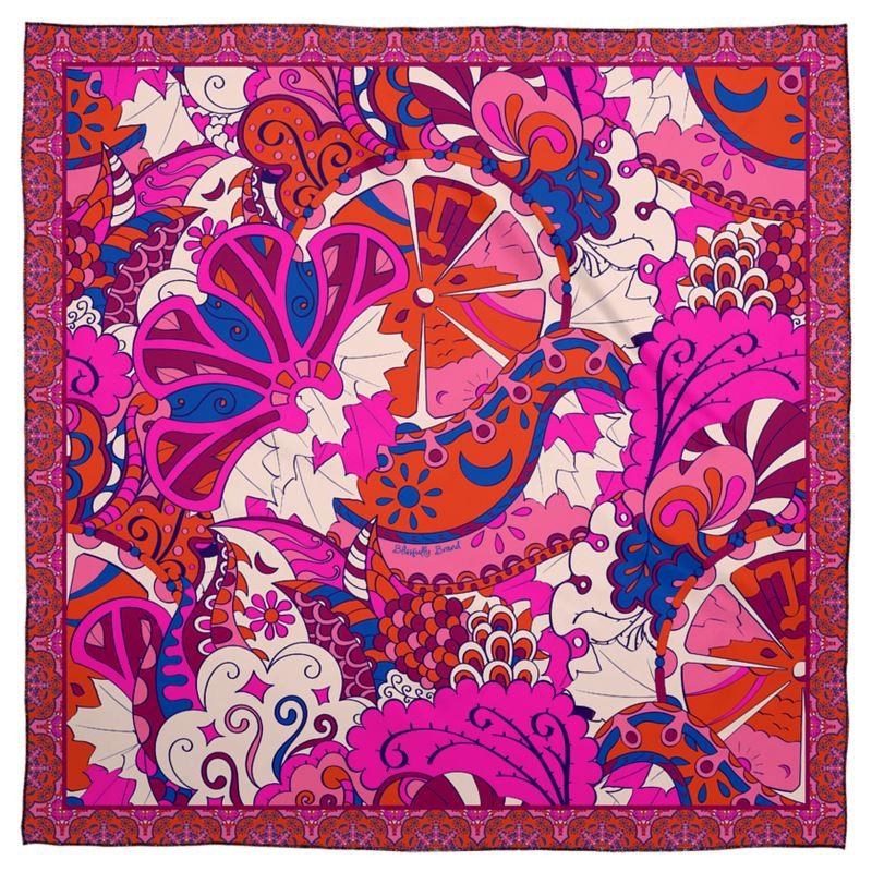 Sameria Real Silk Scarf - Abstract Kaleidoscope Paisley Floral Print - Purple Violet Pink Red - Boho - Bohemian - Psychedelic Retro - Handmade - Mandala Mehndi