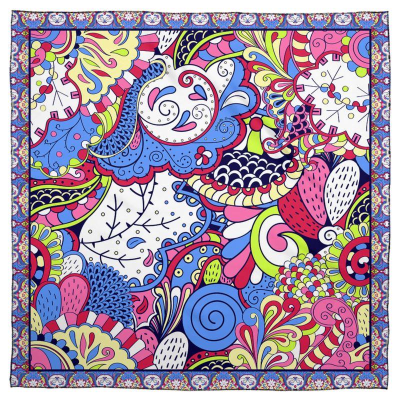 Sechia Real Silk Scarf - Abstract Kaleidoscope Paisley Floral Print - Blue Pink - Boho - Bohemian - Psychedelic Retro - Handmade - Mandala Mehndi