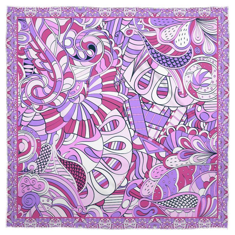 Cavai Satin Real Silk Scarf - Abstract Kaleidoscope Paisley Floral Print - Purple Violet - Boho - Bohemian - Psychedelic Retro - Handmade - Mandala Mehndi