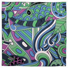 Nela Real Silk Scarf - Abstract Kaleidoscope Paisley Floral Print - Black Green - Boho - Bohemian - Psychedelic Retro - Handmade - Mandala Mehndi