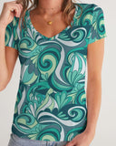 Mima Fitted V-Neck Women's Tee Top - Swirly Abstract Floral Print Teal Green