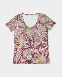 Piki Fitted V-Neck Women's Tee Top - Abstract Psychedelic Floral Print Pink Red