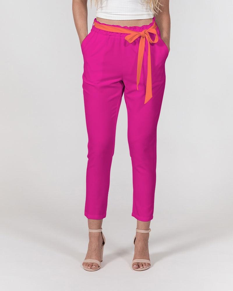 Mina Dark Rose Red Women's Belted Tapered Chiffon Pants with Orange Belt