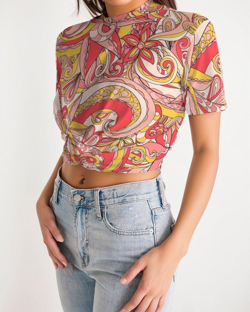 Patty Women's Twist-Front Crop Tee - Abstract Floral in Pink & Red | Blissfully Brand