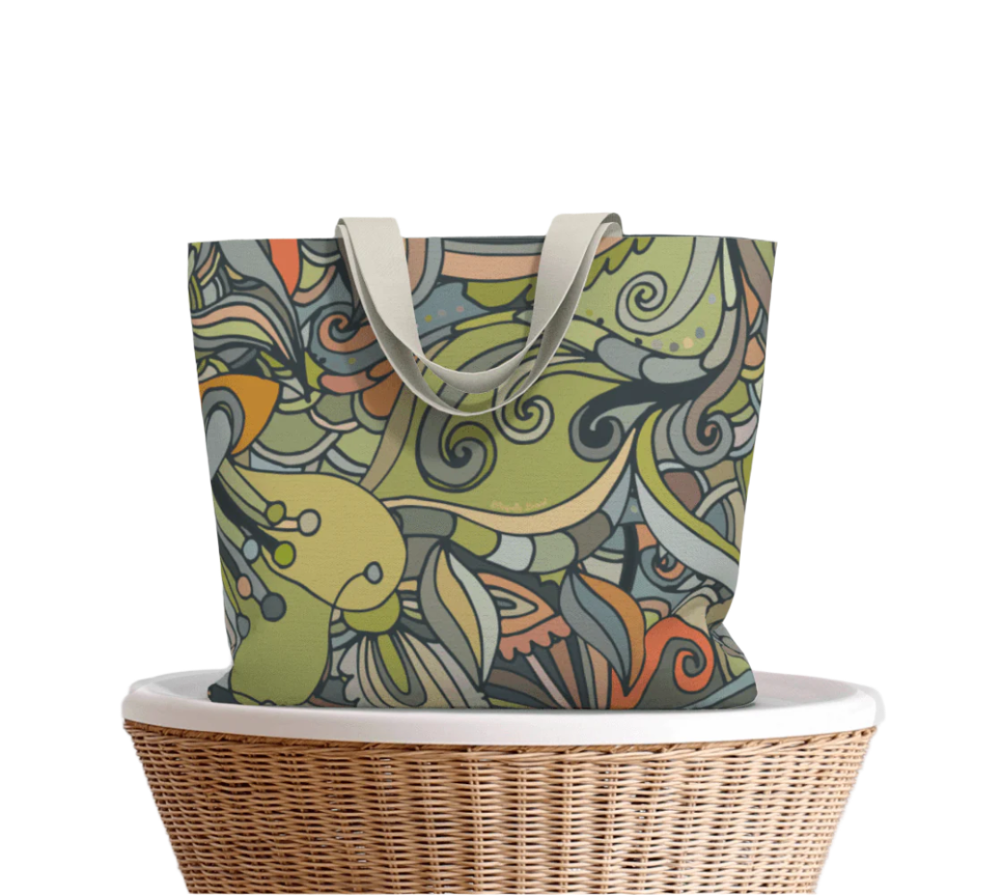 Jana Canvas Carry All Tote Bag - Multicolor Abstract Floral Print | Green Orange & Pink