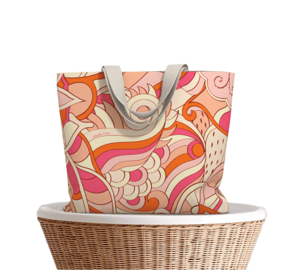 Keki Canvas Carry All Tote Bag - Retro Psychedelic Abstract Print in Pink - Orange - Cotton - Market Shopper 