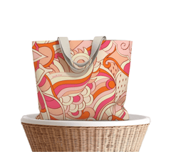 Keki Canvas Carry All Tote Bag - Retro Psychedelic Abstract Print in Pink - Orange - Cotton - Market Shopper 