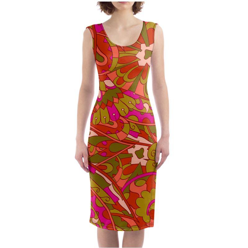 Mina Split Leg Bodycon Midi Dress - Kaleidoscope Floral Print in Multicolor Orange Red Green - Psychedelic - Retro - Large Print - Bold & Vibrant - Handmade in England - Blissfully Brand- Side Slit - Body Contour - Plus Size