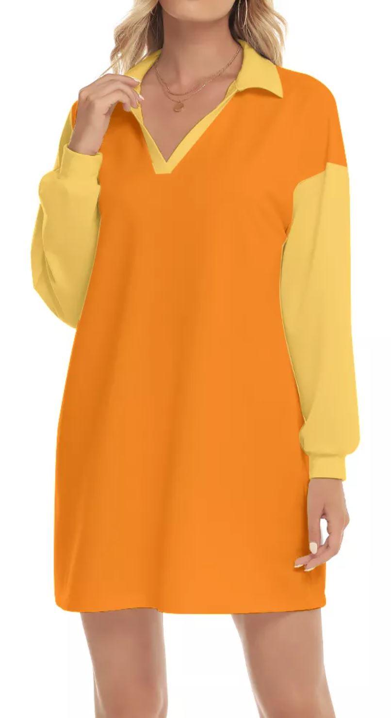 Aki Orange & Yellow V-neck Drop Shoulder Dress - Relaxed Fit