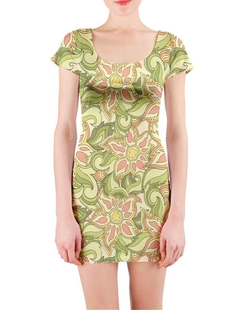 Aloe Short Sleeve Bodycon Mini Dress - Floral All Over Print in Green Yellow Pink