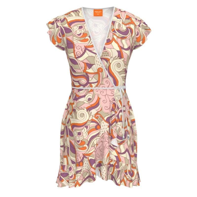 Amai Flounce Hem Wrap Tea Dress - Abstract Paisley Floral Print - Swirls - Pink Orange - Retro Dress - Psychedelic - Handmade - 70's