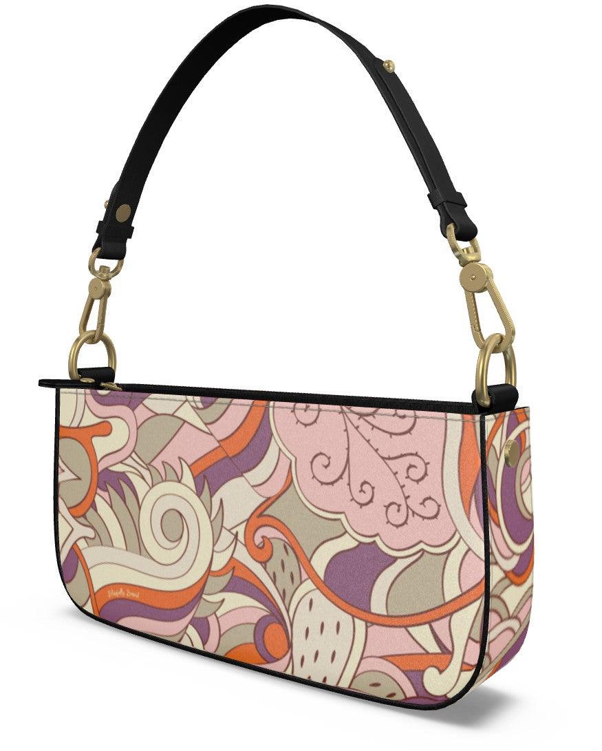 Amai Small Leather Box Shoulder | Grab Bag - Abstract Retro Psychedelic All Over Print - Handbag - Textured - Zipper - Pink Orange Violet - Handmade in England
