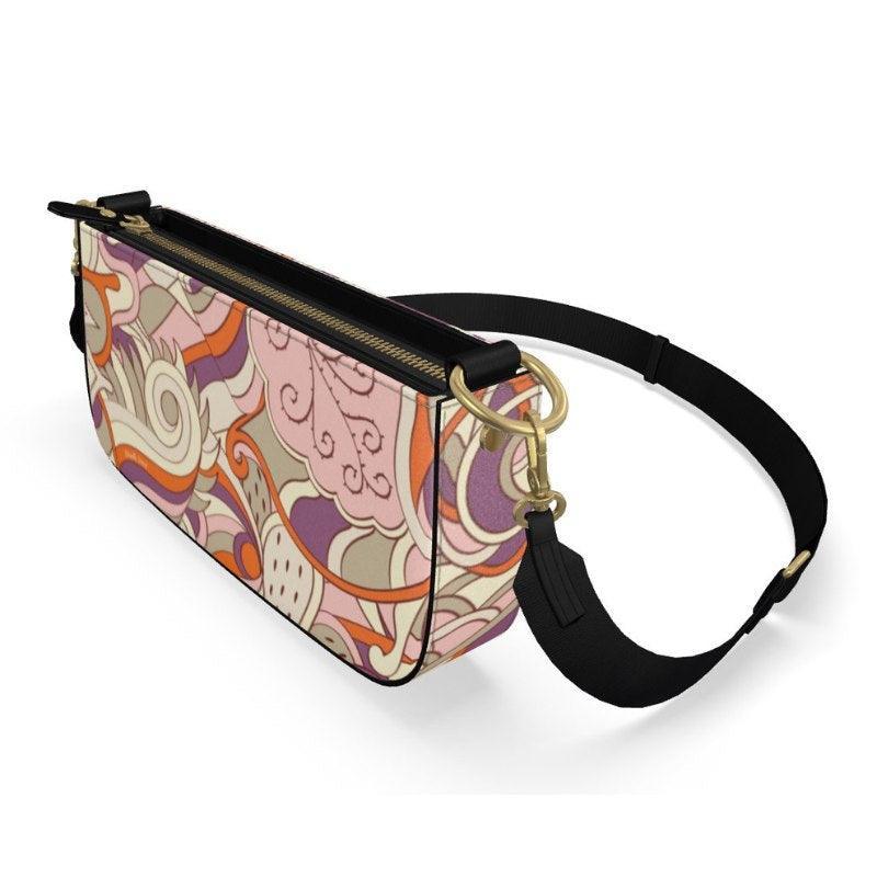 Amai Small Leather Box Shoulder | Grab Bag - Abstract Retro Psychedelic All Over Print - Handbag - Textured - Zipper - Pink Orange Violet - Handmade in England