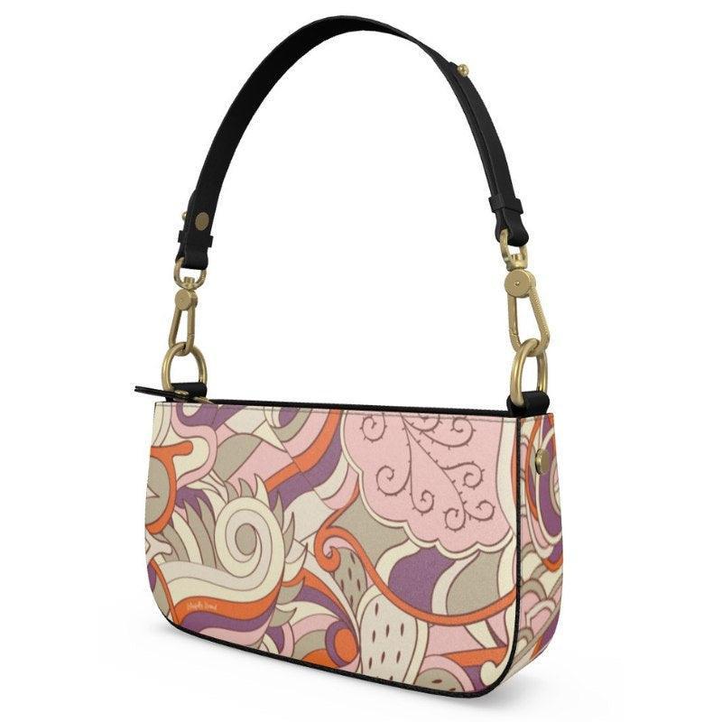 Amai Small Leather Box Shoulder | Grab Bag - Abstract Retro Psychedelic Paisley All Over Print - Handbag - Textured - Zipper - Pink Orange Violet - Handmade in England