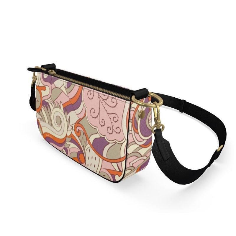 Amai Small Leather Box Shoulder | Grab Bag - Abstract Retro Psychedelic All Over Print - Handbag - Smooth or Textured - Zipper - Pink Orange Violet - Handmade in England