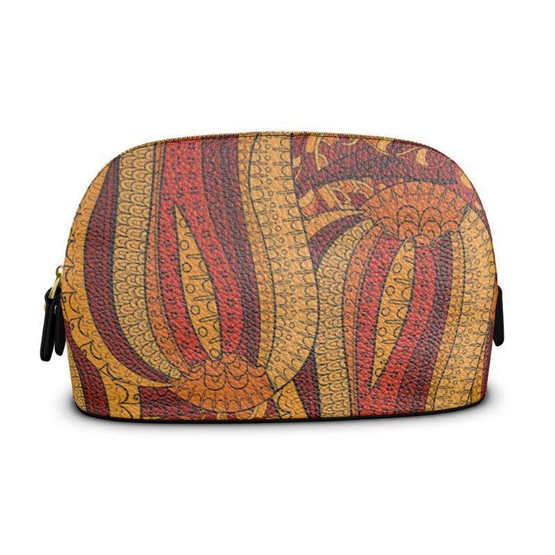 Ame Large Textured Leather Makeup Pouch Bag  - Orange All Over Abstract Print - Clamshell