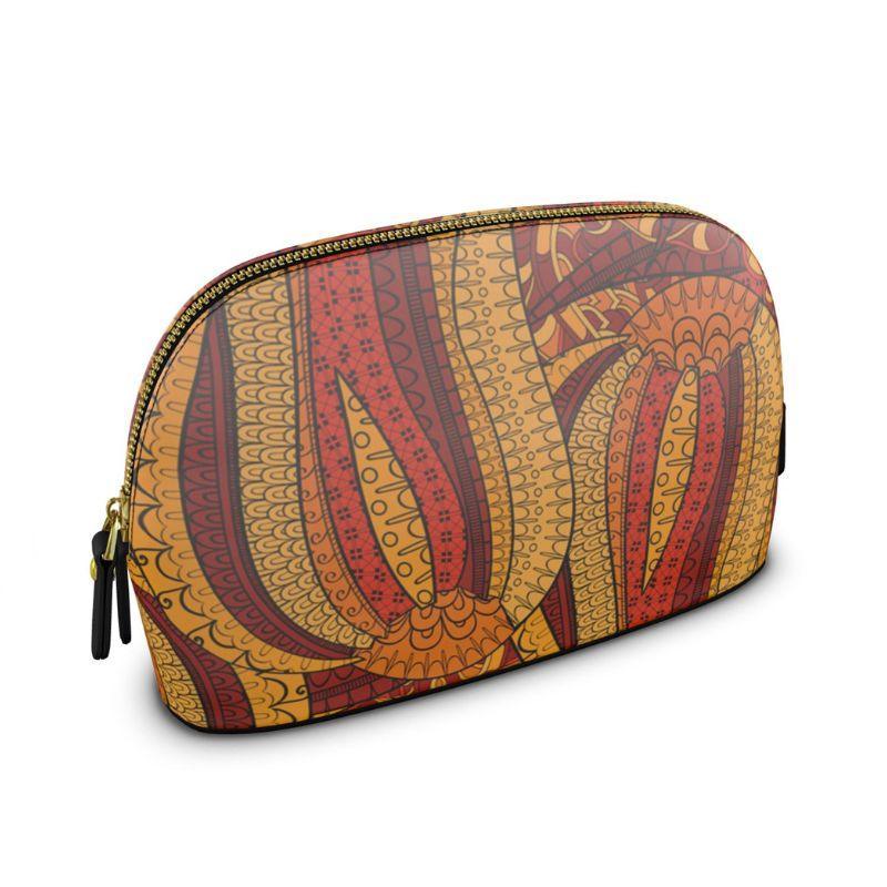 Ame Large Real Smooth Leather Makeup Pouch Bag  - Orange All Over Abstract Print - Clamshell