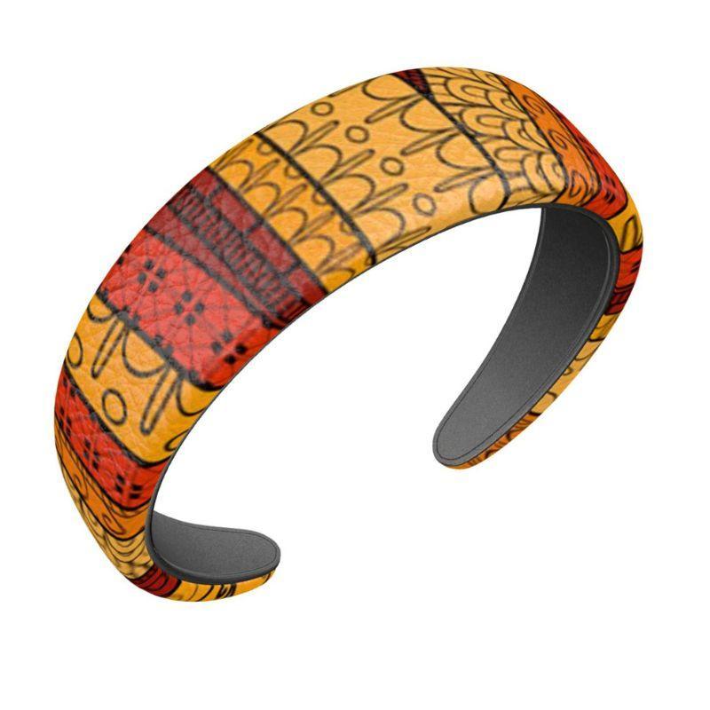 Ame Textured Leather Headband - Large - Abstract Orange Print - Calfskin