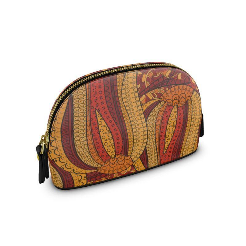 Ame Small Smooth Leather Makeup Pouch Bag  - Orange All Over Abstract Print - Clamshell