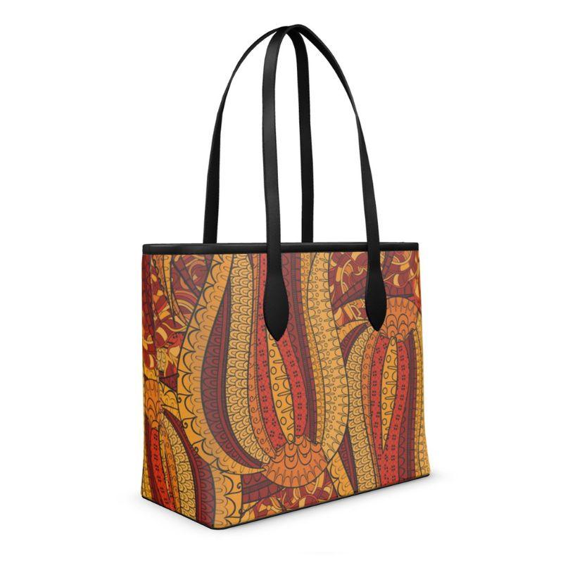 Ame Smooth Real Leather Shopper Tote Bag - All Over Print Abstract Orange Kaleidoscope 