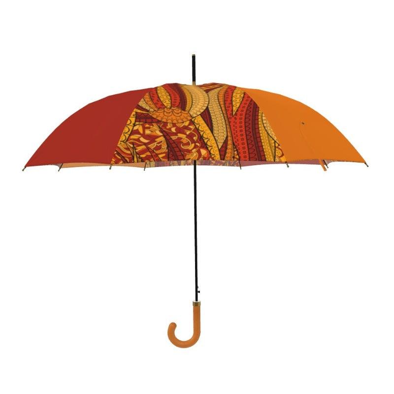 Ame English Windproof Designer Umbrella - Abstract Orange Red Swirl Print Color Block Psychedelic Retro Sinuous Lines Kaleidoscope Print Waterproof