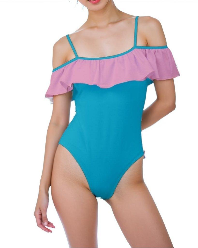 Antina Color Block Ruffle Off-the-Shoulder One-Piece Swimsuit | Pink Blue Cyan