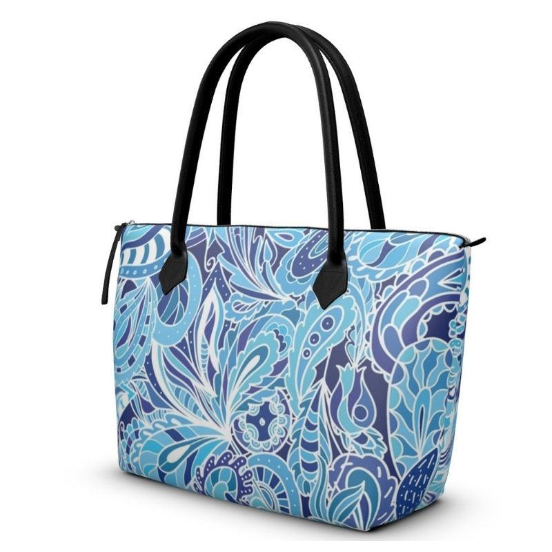 Aqui Zip Top Smooth Large Leather Tote Bag - Blue Abstract Paisley Floral Print - Handmade in England