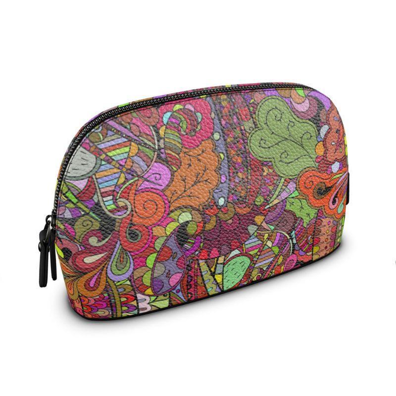 Betsu Large Textured Leather Makeup Pouch Bag - All Over Psychedelic Abstract Floral Print - Clamshell - Multicolor