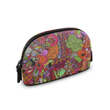 Betsu Small Smooth Real Leather Makeup Pouch Bag - All Over Psychedelic Abstract Floral Print - Clamshell - Multicolor