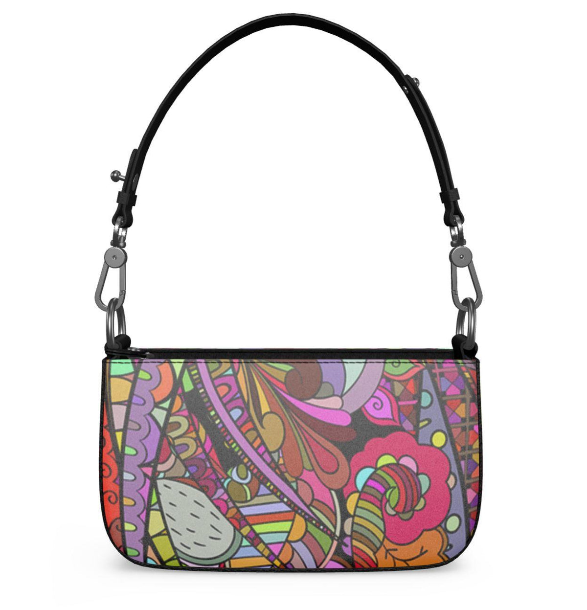 Betsu Small Leather Box Hand Bag | Shoulder Bag - Zip Closure - Abstract Multicolor Psychedelic Retro Print