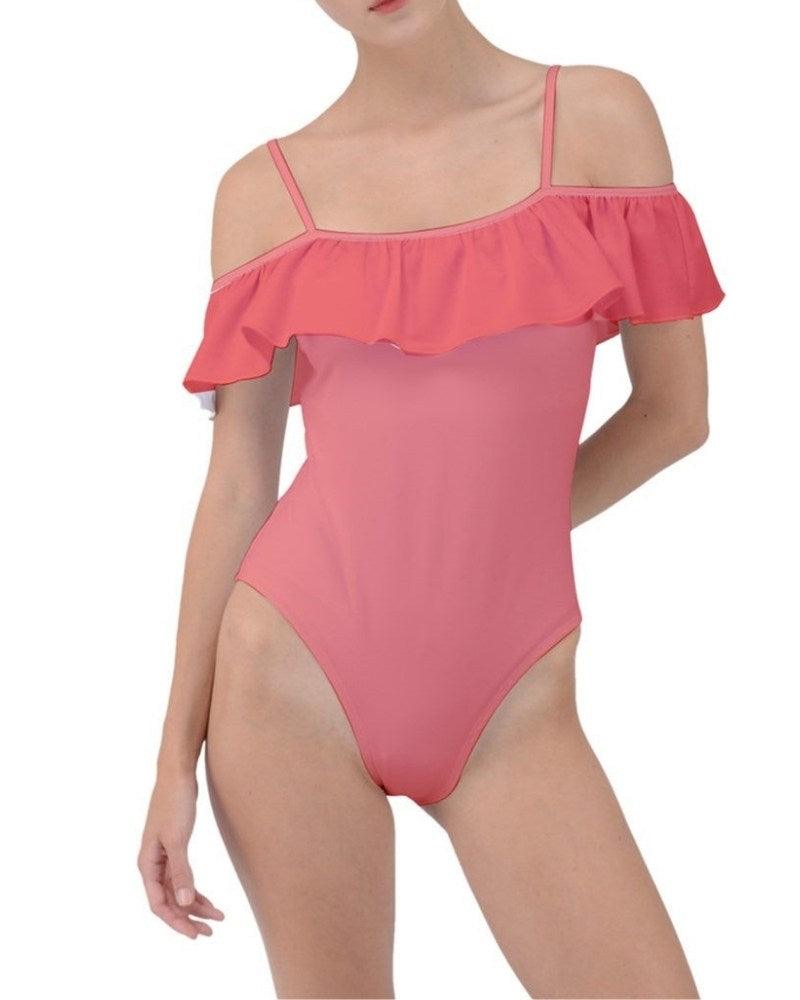 Citra Color Block Ruffle Off-the-Shoulder One-Piece Swimsuit | Pink Orange-Red