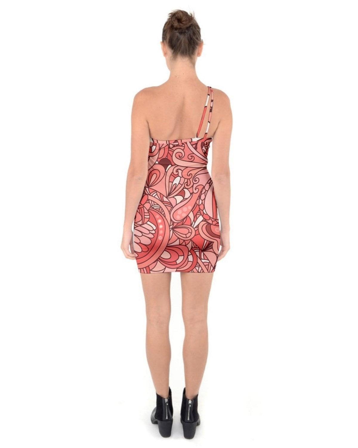 Citra One Shoulder Bodycon Mini Dress - Pink Retro Psychedelic Print