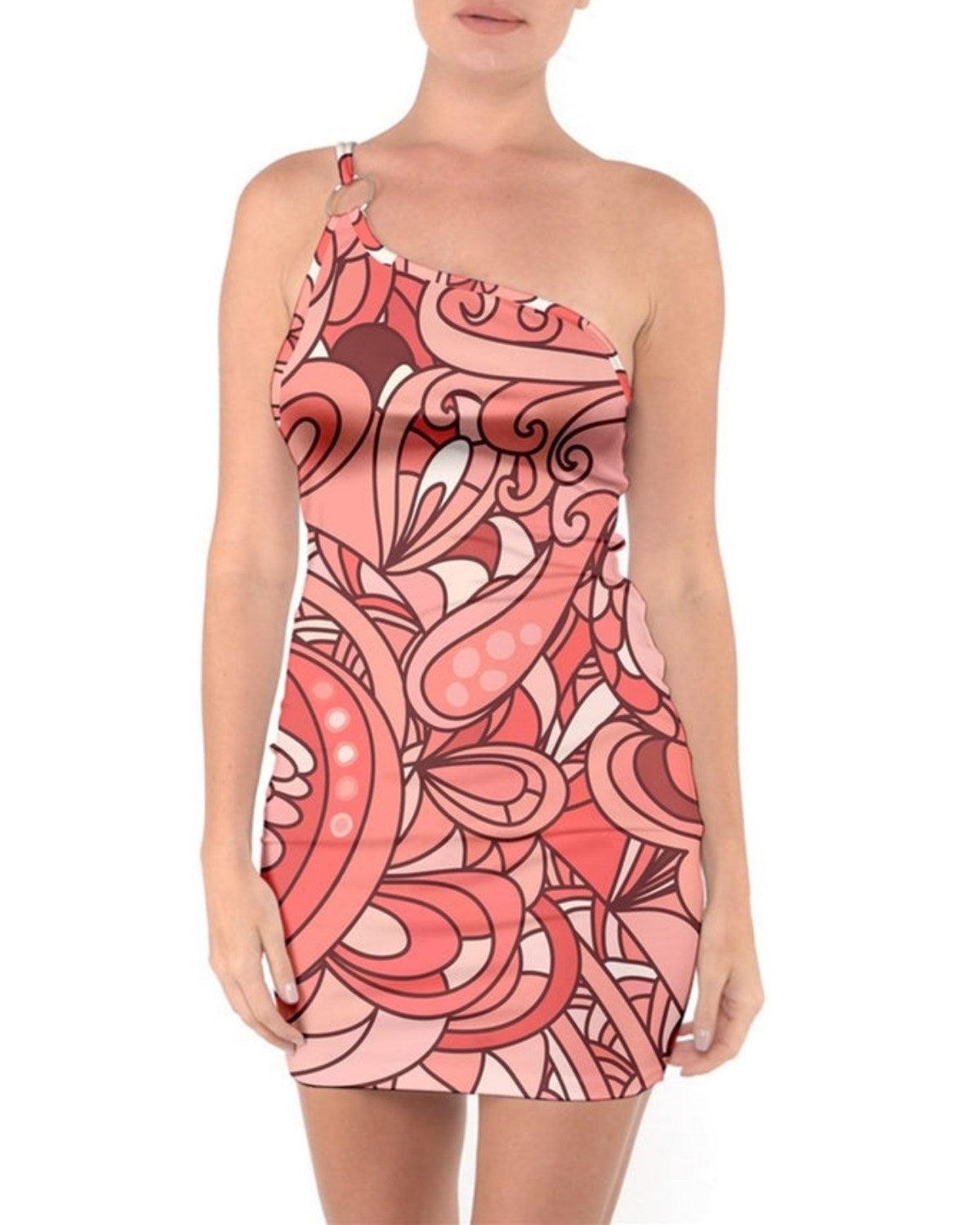 Citra One Shoulder Bodycon Mini Dress - Pink Retro Psychedelic Print