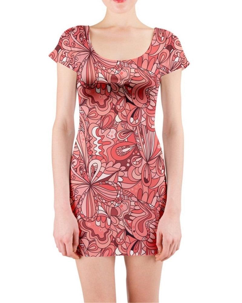 Citra Short Sleeve Bodycon Mini Dress - Pink Red Psychedelic All Over Floral Print