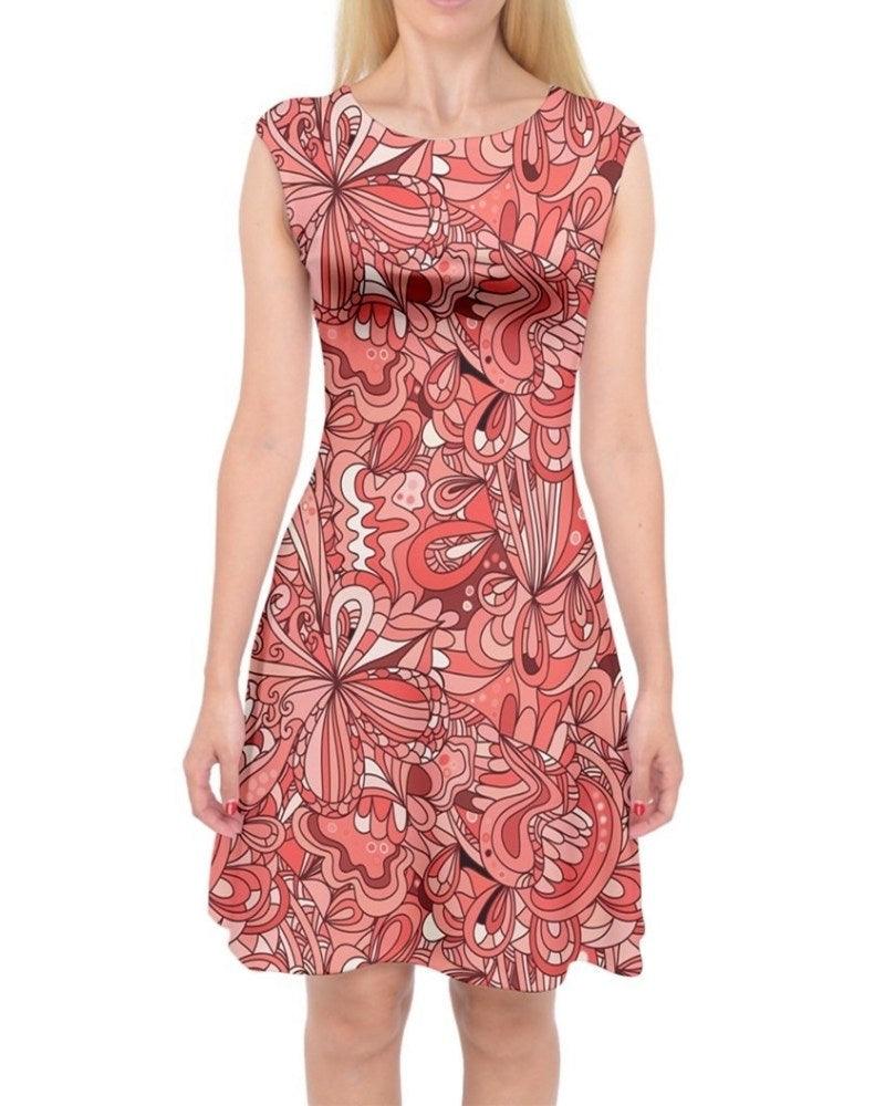 Citra Cap Sleeve Midi Dress - Abstract Floral All Over Print - Red Orange