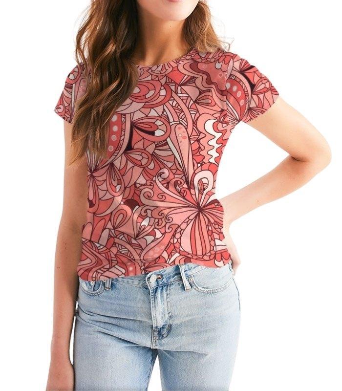 Citra Fitted Crew Neck Tee - Pink Abstract Floral Print