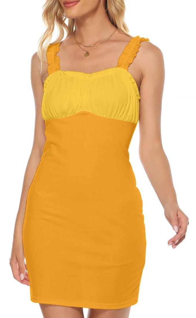 Decora Fitted Cami Mini Orange & Yellow Dress with Pleated Top & Straps
